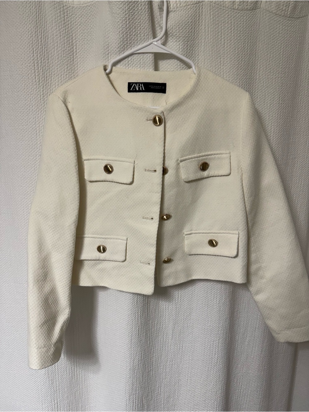 Zara Cream Cropped Textured Blazer with Gold Buttons
